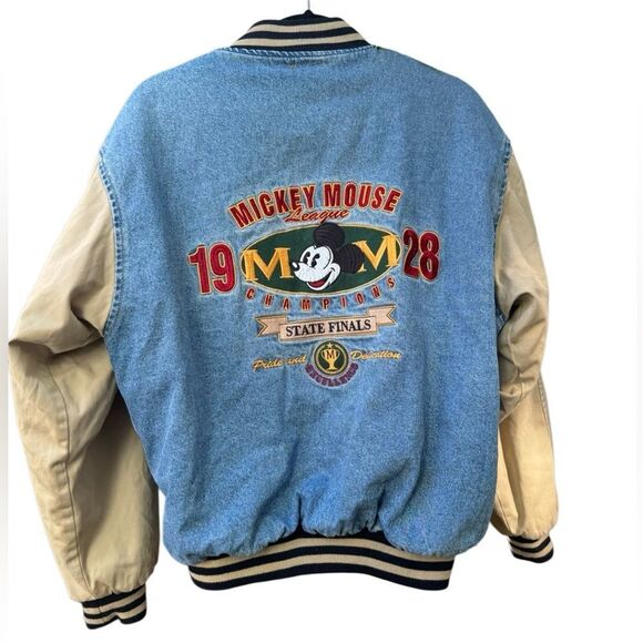 Disney Vintage Mickey Mouse 1928 Varsity "MOM" Embroidered Denim Bomber Jacket - Picture 2 of 9